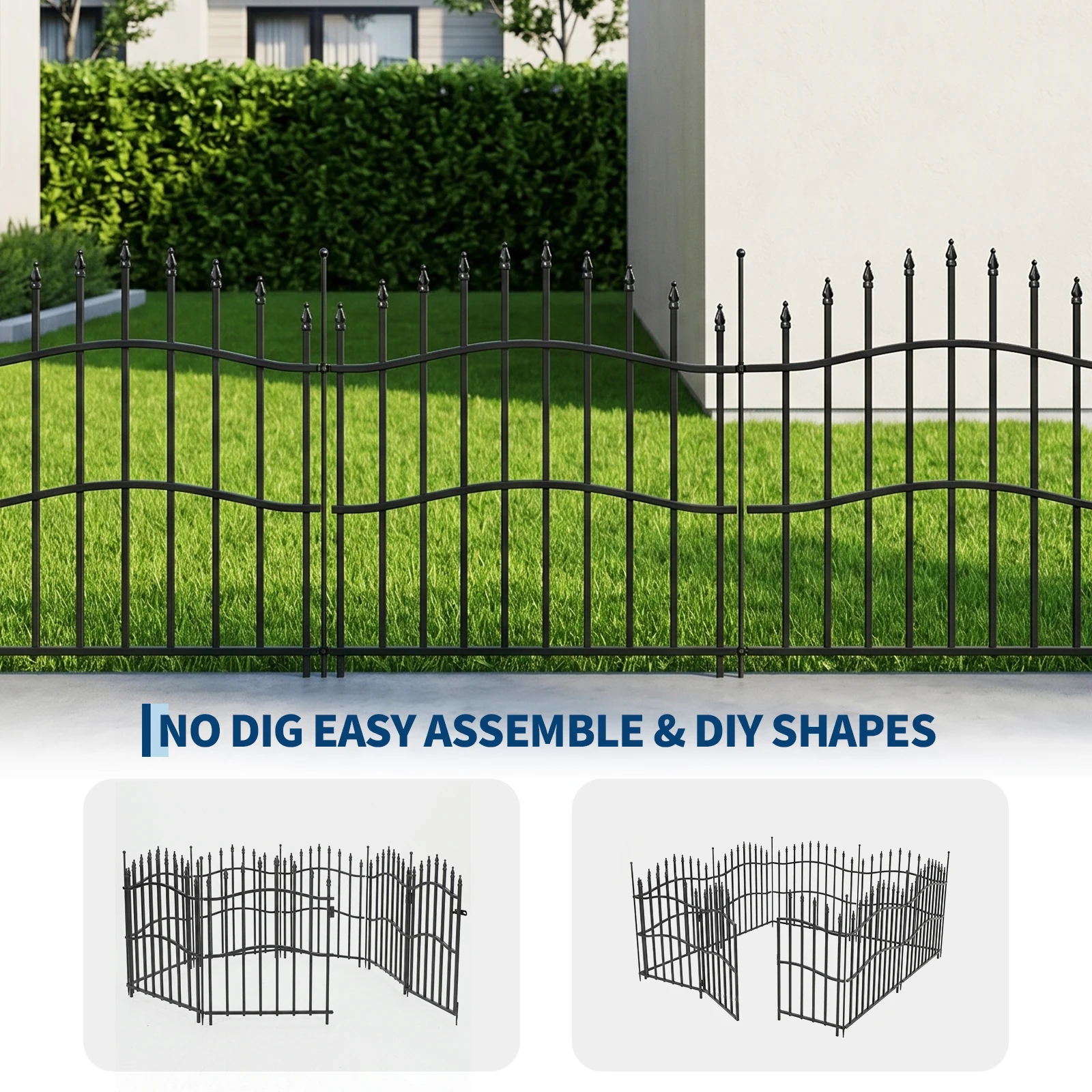 10 Panels No Dig Decorative Garden Fence with Gate, 24in(h)22ft(l) Heavy-Duty Rustproof Metal Panels for Yard & Patio, Landscape, Border