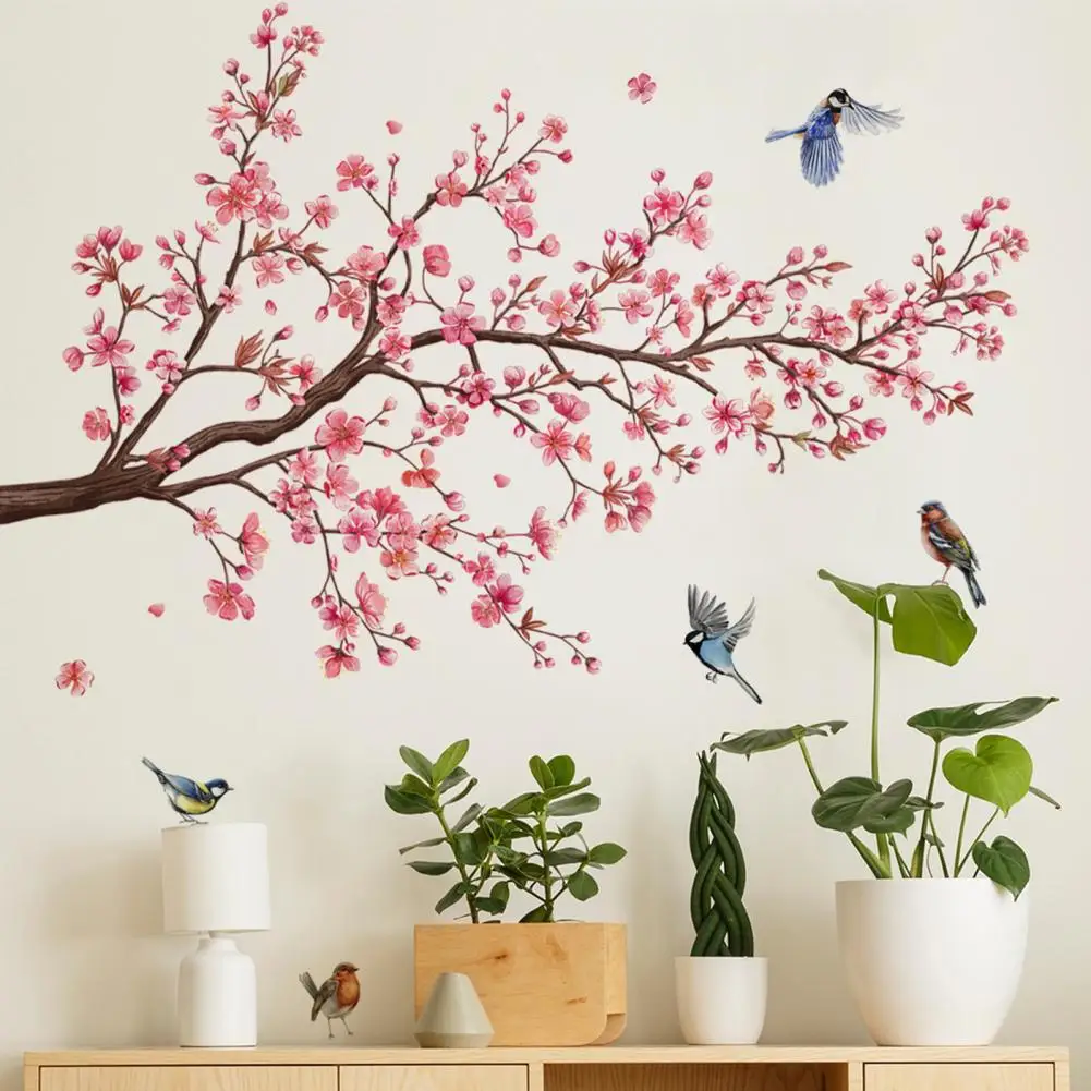 Peel Stick Wall Decal Flower Tree Wall Sticker Pink Blossom Bird Wall Sticker Set for Room Bedroom Decor Waterproof Pvc