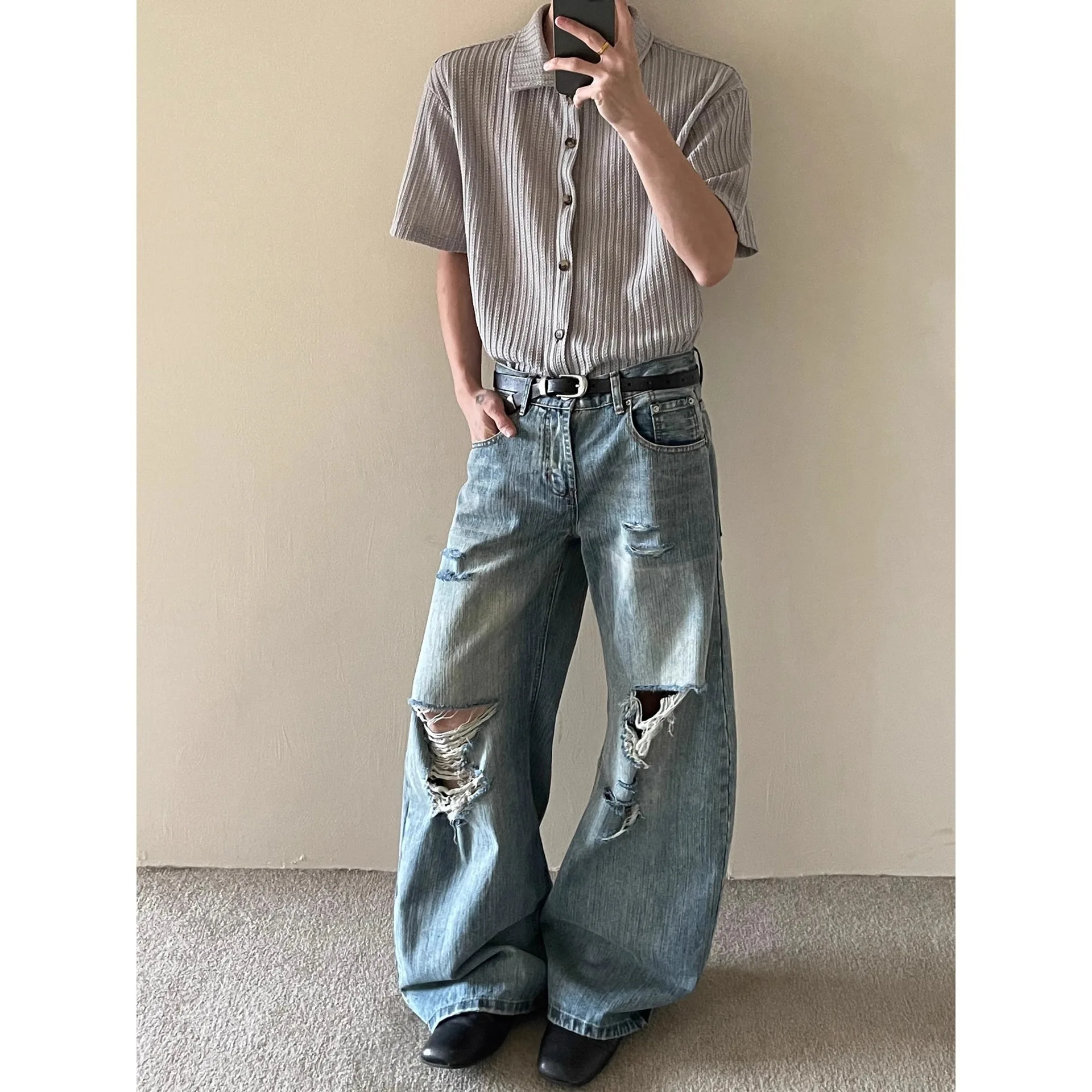 

American High Street Vintage Fashion Men's Blue Loose Wide Leg Straight Hole Patched Denim Trousers Male Jeans Pants Clothes