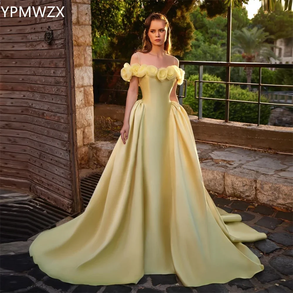 Customized Prom Gown Formal Women Party Occasion YPMWZX Off-the-shoulder Ball Floor Length Skirts Draped Applique 3D Flower Besp