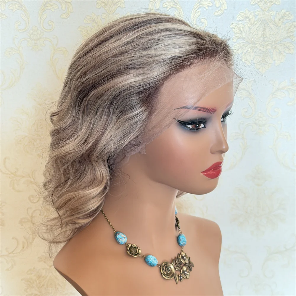 Human Hair Full Lace Wigs for WomenShort Bob Wig Ash Blonde Highlights Pre Plucked Hairline HD Lace Stock Ready to Ship 14inch