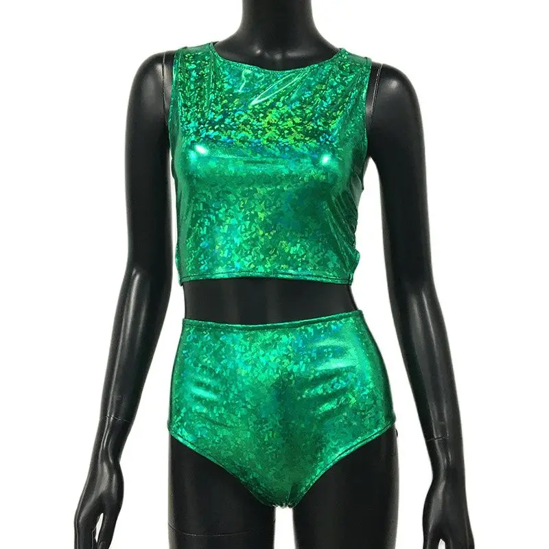 Holographic Reflect Festival Rave Outfits Sleeveless Tank Tops Super Shorts Pant Nightclub Carnival Party Women 2 Piece Sets