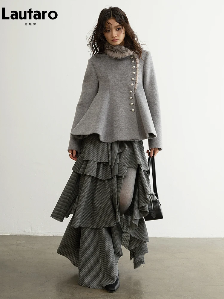 Lautaro Spring Autumn Grey Striped Ruffled Asymmetrical Tiered Skirt Women Long Elegant Chic Luxury Designer Clothes Fashion
