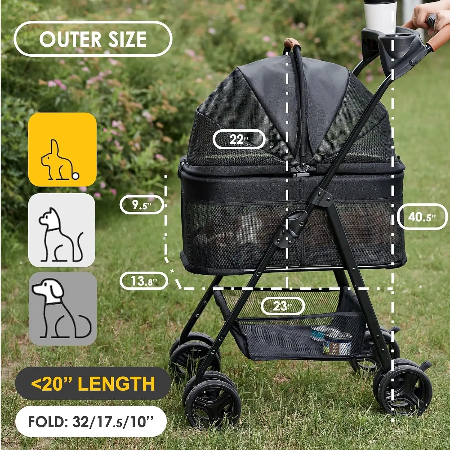 3-in-1 Foldable Pet Stroller for Dogs with Detachable Carrier