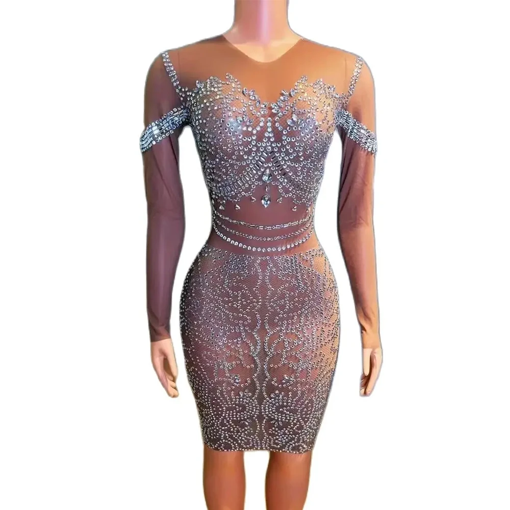 

Women Sexy Sparkly Rhinestones Luxury long Sleeves Dress High Stretch Mesh Elegant Evening Party Dress Perform Photoshoot Dress