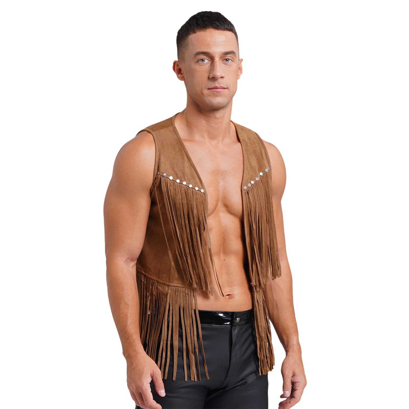 Mens Western Cowboy Tassel Rivets Vest Tops Faux Suede Open Front Fringe Waistcoat Jacket Halloween Rave Party Clubwear