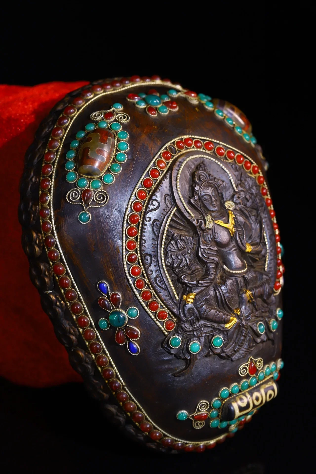 

7"Old Nepalese temples Old Kapala Skull Cup Tibetan Silver Mosaic Gem gZi Beads Green Tara sitting Buddha Gabala Bowl