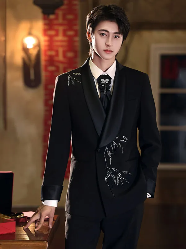 

Мужской костюм в китайском стиле с вышивкой бамбуковым узором, повседневная одежда в западном стиле, приталенный крой, 100% полиэстер