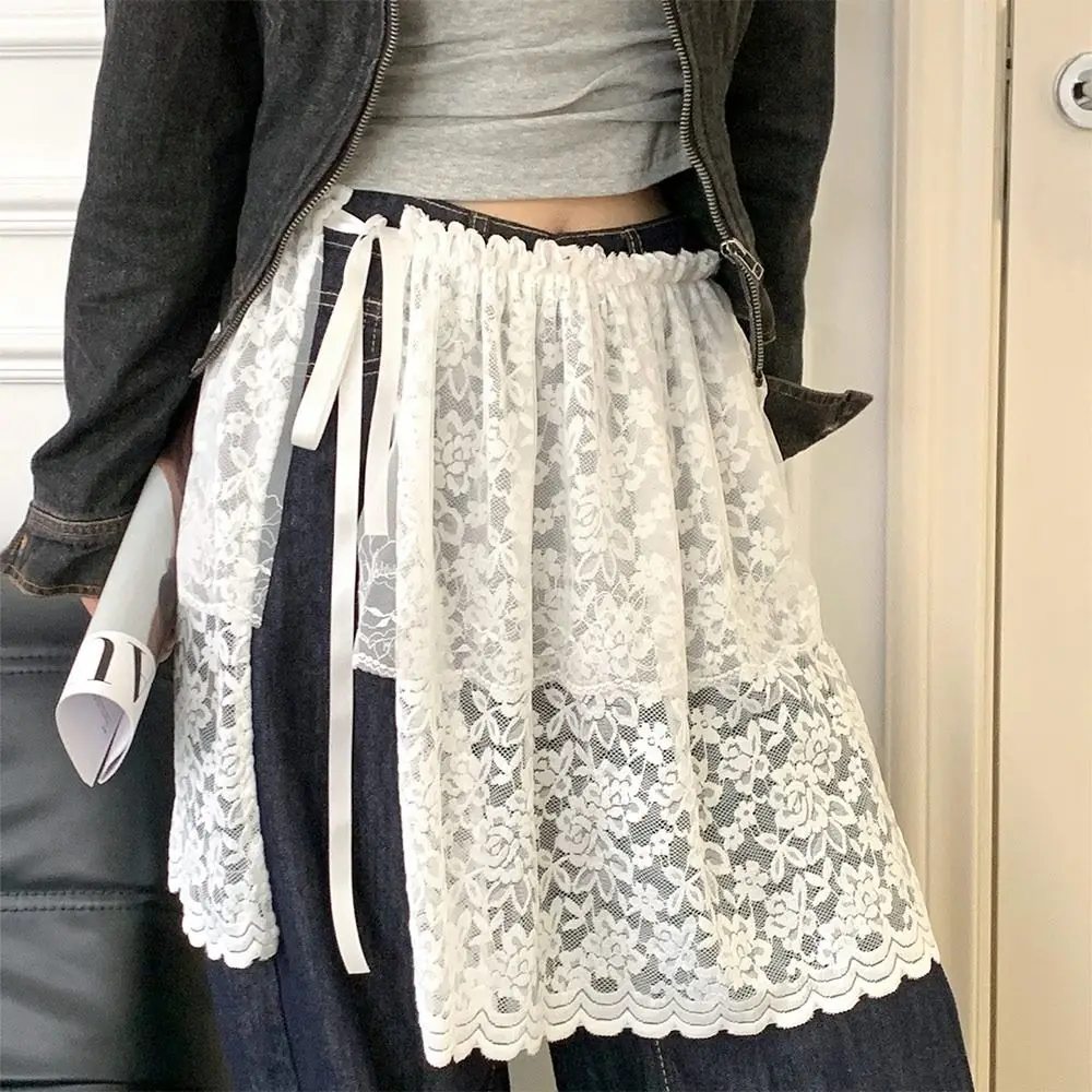 

Новая мини-юбка с вышивкой цветов и кружевом, двухслойная, прозрачная, с кружевной отделкой, длинная/короткая, для украшения джинсов