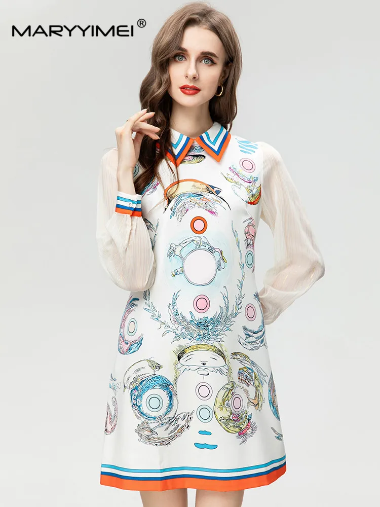 

MARYYIMEI Fashion Designer Spring Summer Women's dress Turn-down Collar Long sleeved Dots Printed Dresses