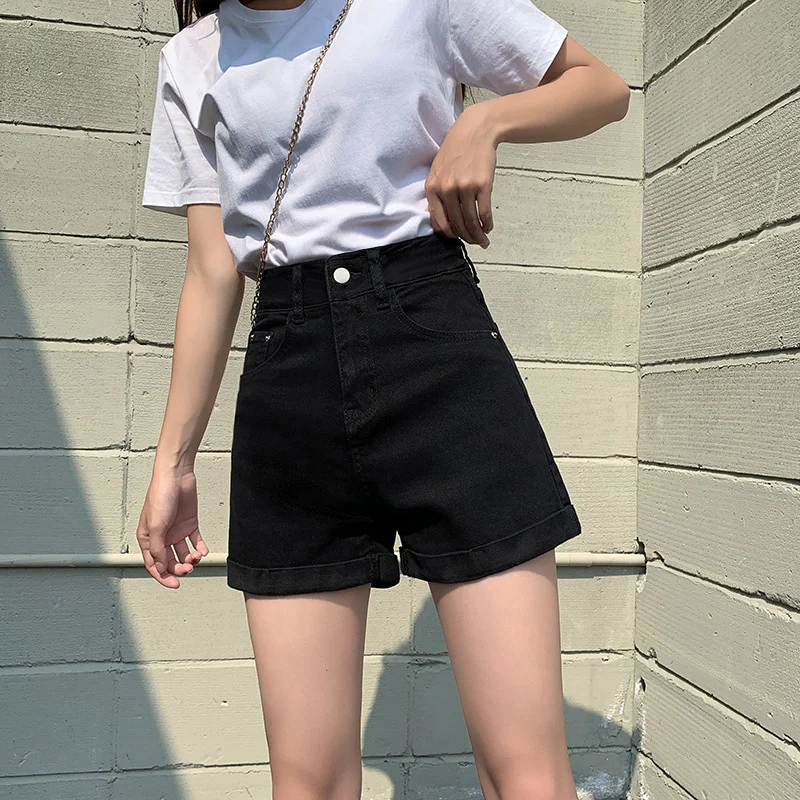 

Summer 2025 New Women Rolled Edge Hot Denim Shorts Lady Korean Mini Pants Girls Elastic Blue Black Black Gray A Line Short Jeans