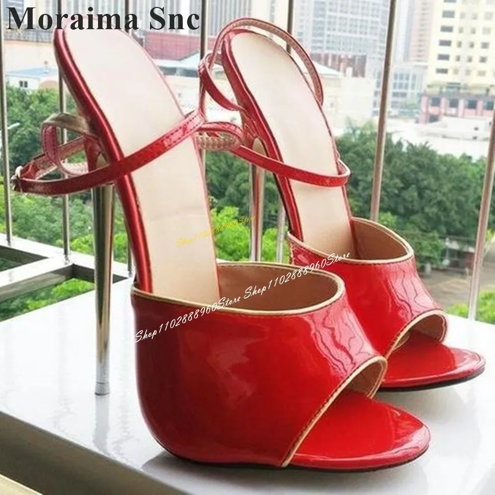 

Stylish Red Patent Leather Metal Heel Sandals Thin High Heel Women Shoes Ankle Buckle Strap Peep Toe 2024 Zapatos Para Mujere