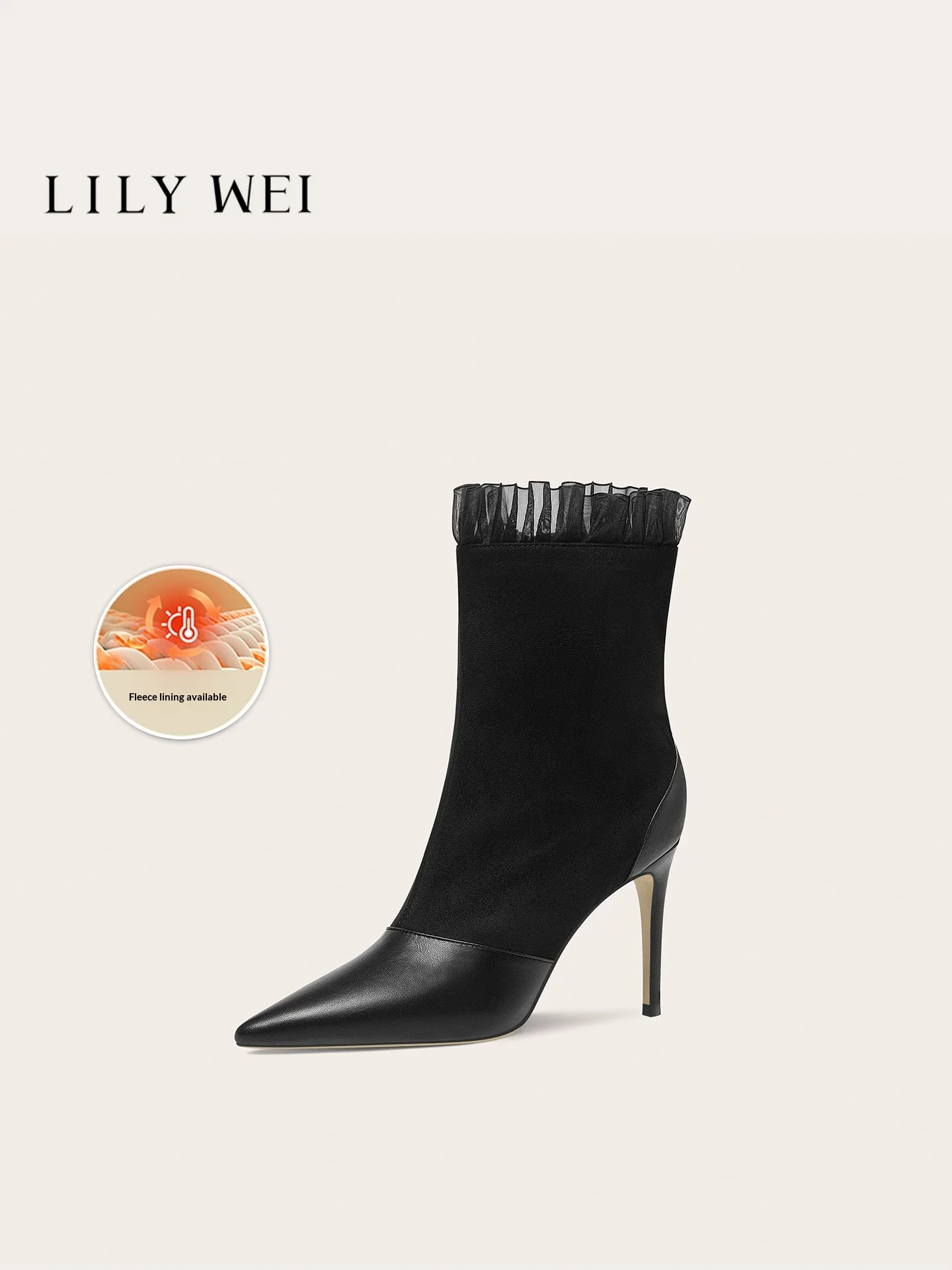 Autumn and Winter New Pointed Leather Fabric Lace Edge Short Boots Banquet Large Size Small Size Plush High Heels Women's Boots