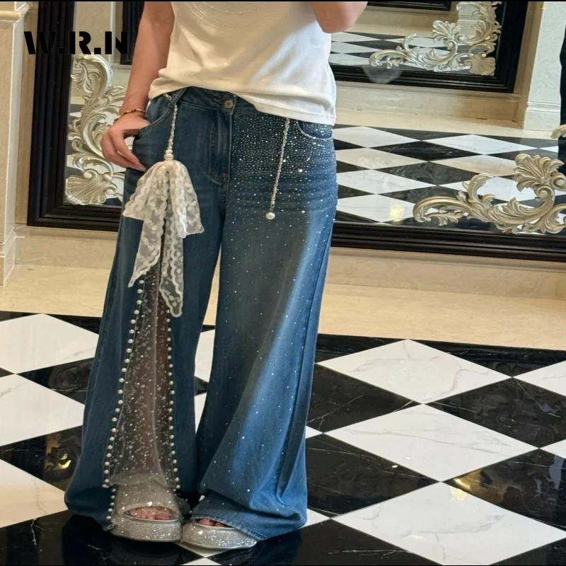 

Women's Sexy Patchwork Y2K Denim Trouser Grunge Blue Full Length High Waist Jeans Vintage Casual 2000s Street Emo Mop Pants