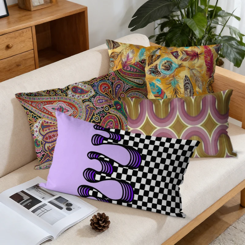 Retro Boho Paisley Checker Cushion Covers Suitable For Sofa Bedroom Car Pillow Cover Cushion Rectangular Back Cushion