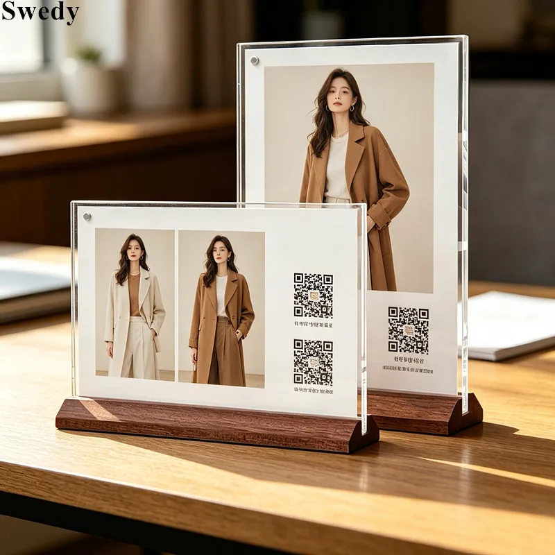 4 PCS A5 148X210MM Wood Magnetic Acrylic Sign Holder Display Stand Menu Paper Holder Price Label Tags Photo Picture Poster Frame