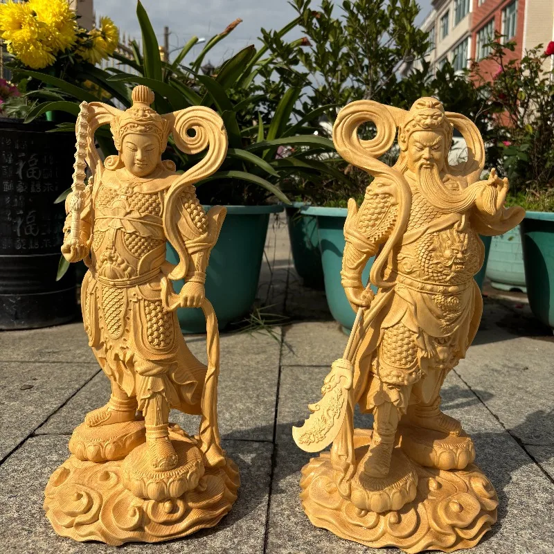 Hand-Carved Premium Hinoki Wood Guan Gong & Skanda Buddha Statue - 15.7