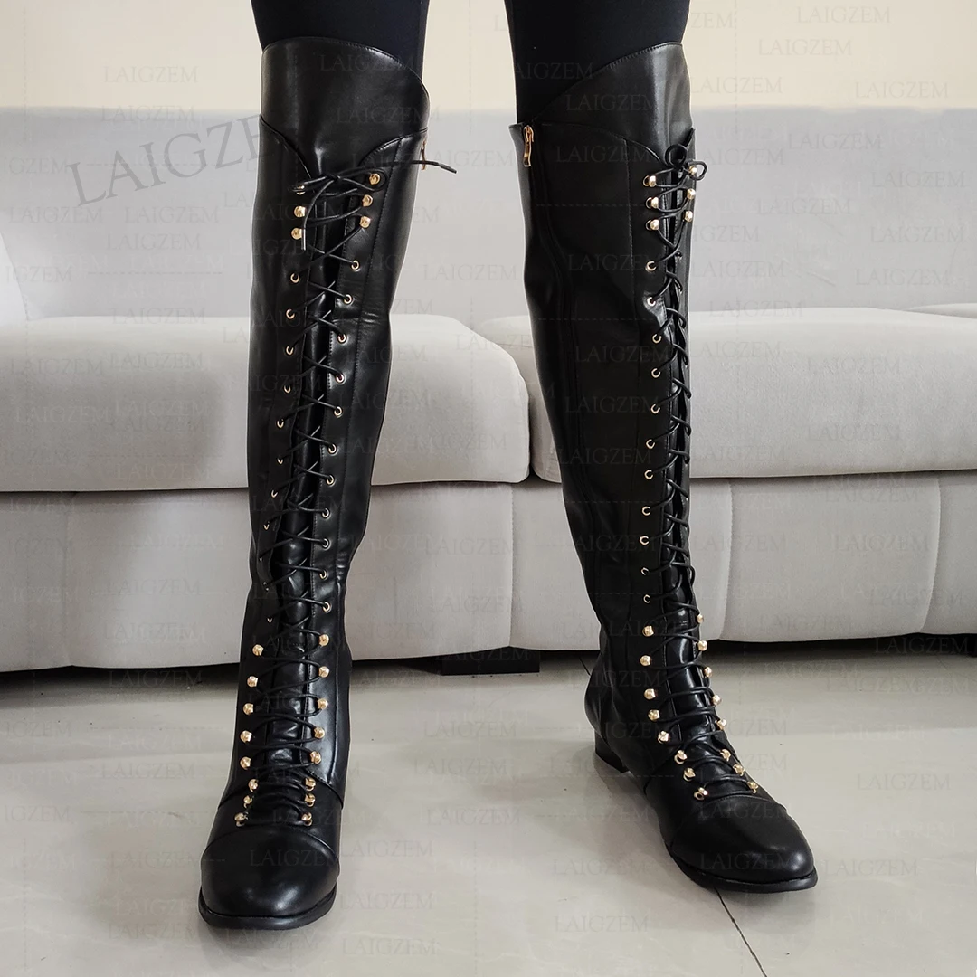 LAIGZEM Women Over Knee Boots Full Side Zip Round Toe Low Square Heels Boots Faux Leather Ladies Shoes Woman Big Size 42 44 52