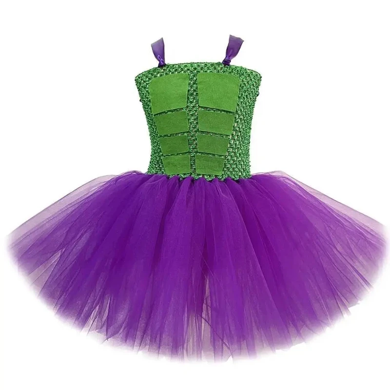 Girls Halloween Stage Performance Tutu Dress,  Purple‑Green Color Matching Princess Dress,  Kids Tulle Performance Costume