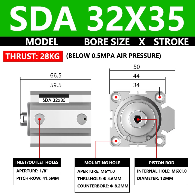

ABILKEEN SDA32X35 Серия SDA Тонкий воздушный цилиндр 32 мм с внутренней резьбой Диаметр X 35 мм Ход Пневматический компактный цилиндр двойного действия