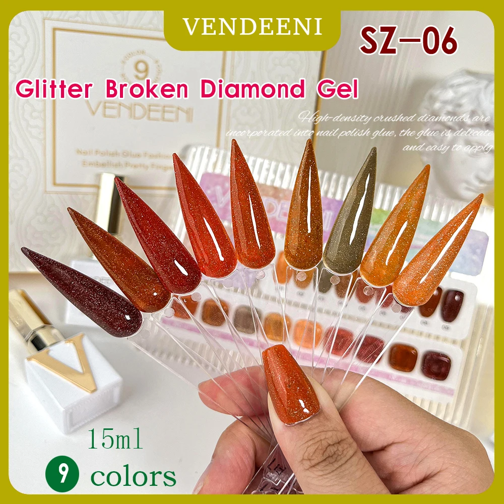 Vendeeni 15ml Glitter Maple Leaf Red Broken Diamond Gel Nail Polish 9 Colors/set Soak Off UV LED Flash Amber Brown Gel Varnish