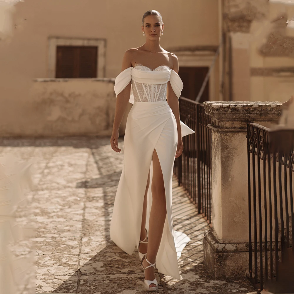 

Elegant off the Shoulder Sweethart Lace Sheath/Mermaid Wedding Dresses Side Slit Back Bow Custom Made Vestido De Noival