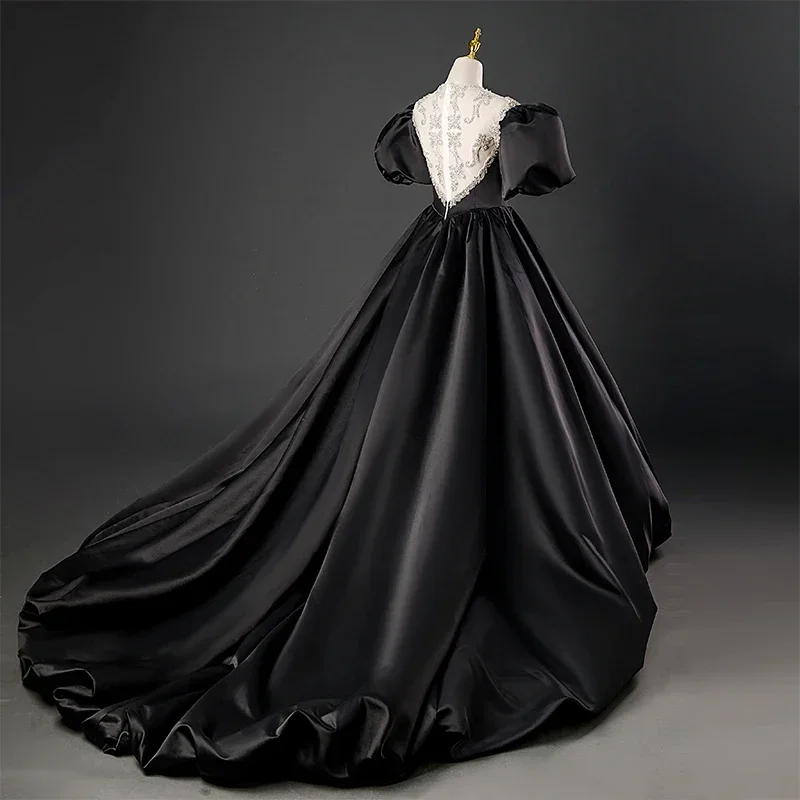 New Luxurious Evening Dress Black Short Sleeves Floor Length  O-Neck Pleat Satin Ball Gown Plus Size Women party Dresses B2442