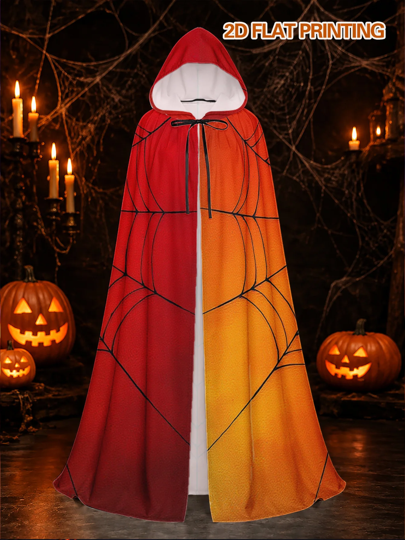 Halloween Spider Web Sunset Hooded Cloak Adult Wizard Robe for Holiday Themed Parties Cosplay
