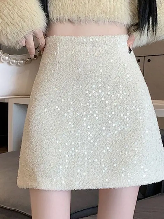 

High Waist iny Sequin Thi Tweed Autumn Winter ort f Skirt Korean Sle Slim Fit Commute Casual A-Line Skirt