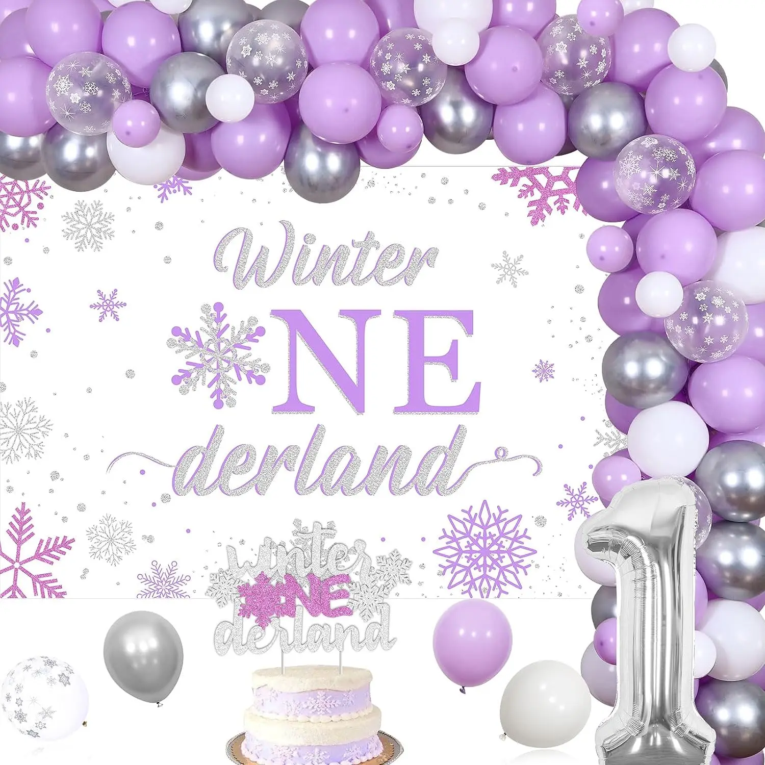 Purple Balloon Garland Kit with Backdrop, Snowflake Cake Topper, 1st Birthday Party Decorations, Winter, 1 Year Old