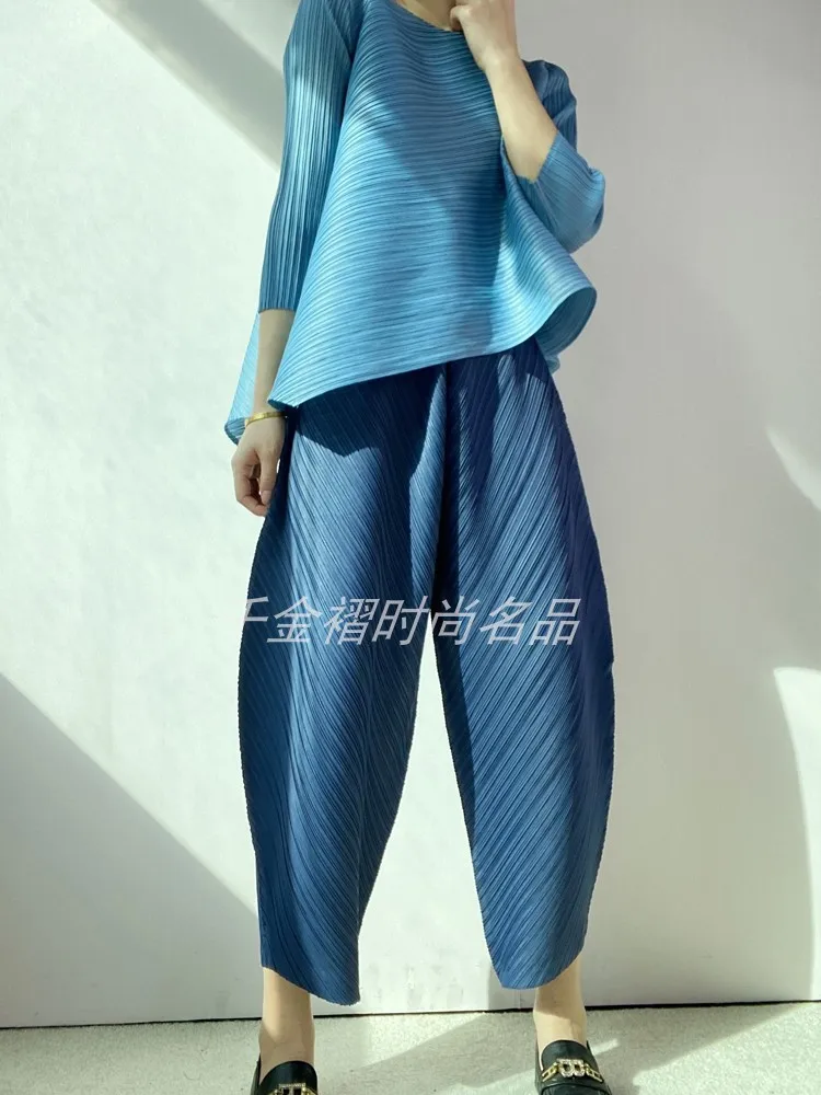 

HOT SELLING Miyake Fashion fold solid drawstring pleated wide leg pant ankle-length pants IN STOCK