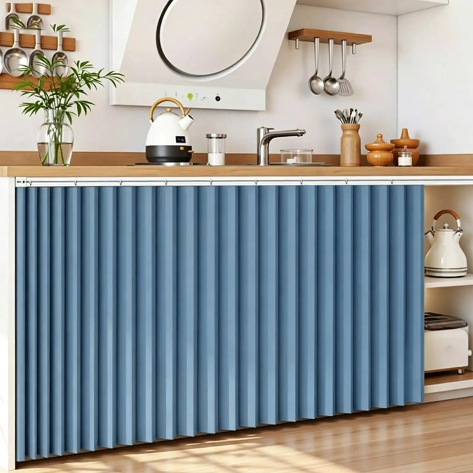 Cabinet Curtain for Kitchen Under Sink,Magnetic Accordion Door Curtain,No-Drill Self-Adhesive Track Short Cabinet