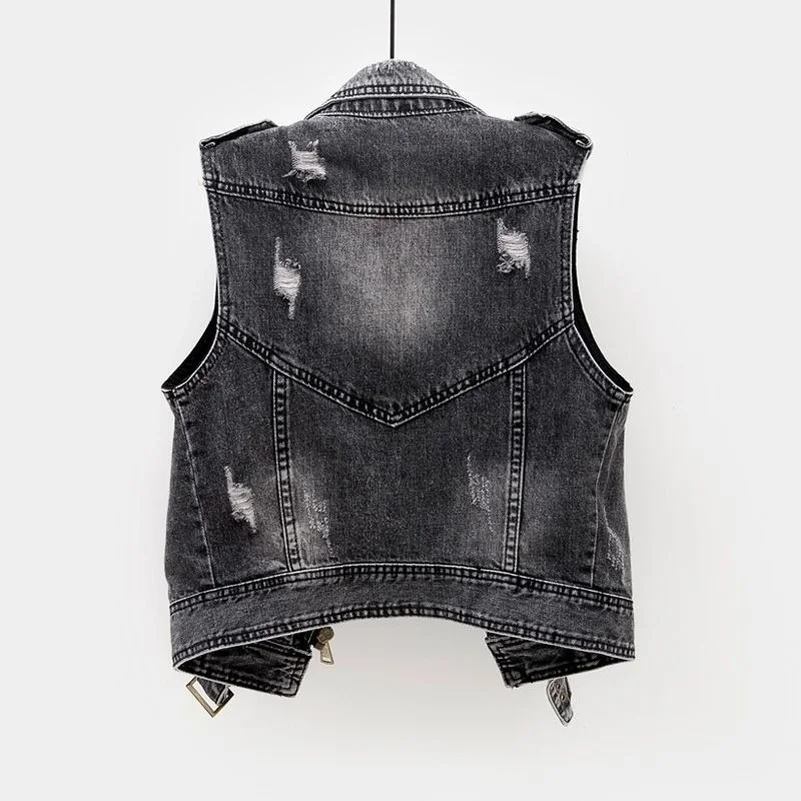 Gray Jean Cowboy Waistcoat Hole Denim Women Vest Female Spring Autumn Sleeveless Wild Tops Short Jacket Girls Ripped 5XL Vest