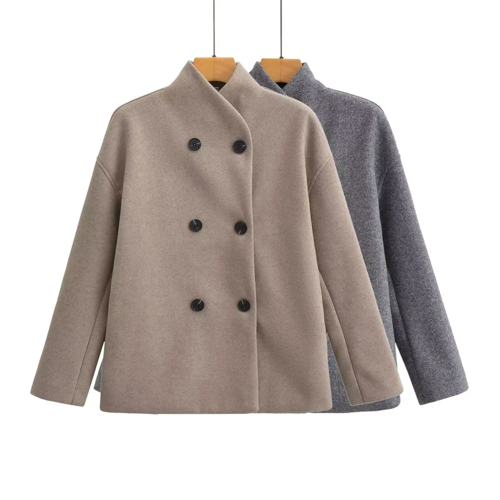 PB&ZA women's 2024 autumn and winter new woolen coat standing collar double row buckle short commuting temperament coat