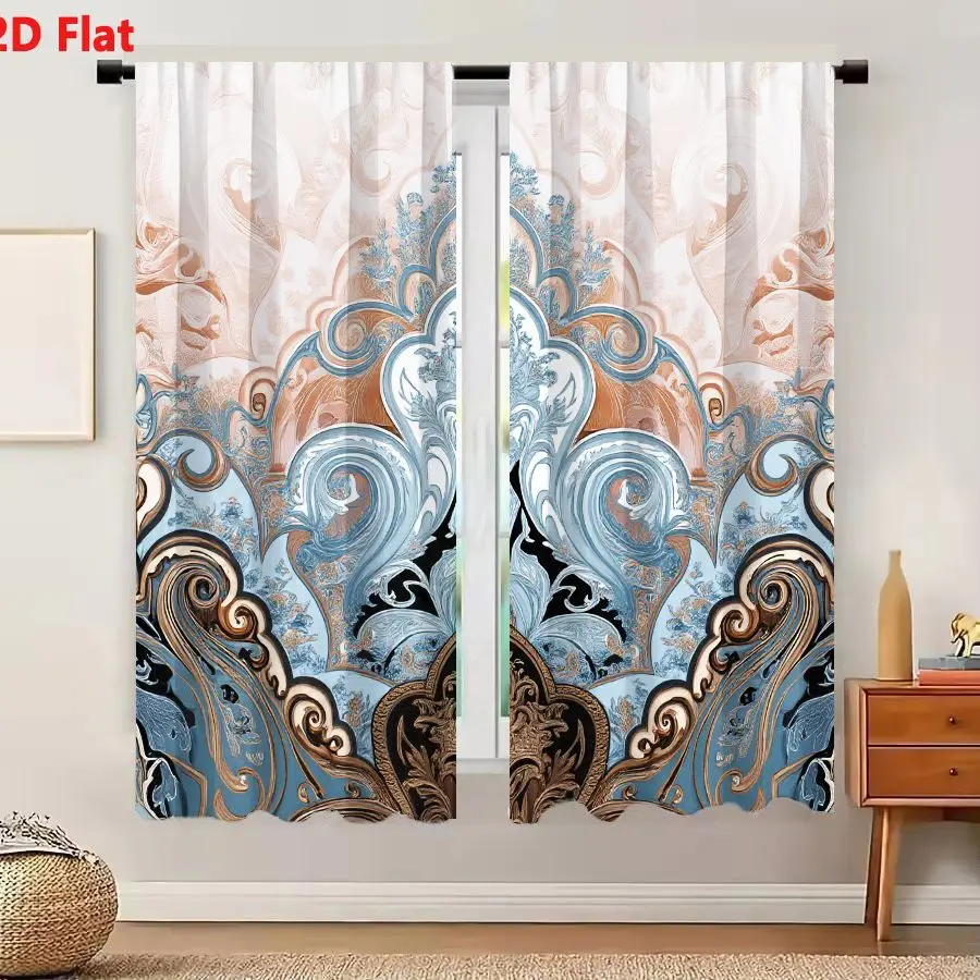 2Pcs Curtains 2D Flat Baroque Ornamental Design With Pastel Blue And Peach Tones For Wallpaper And Textile Print Window Drapes f