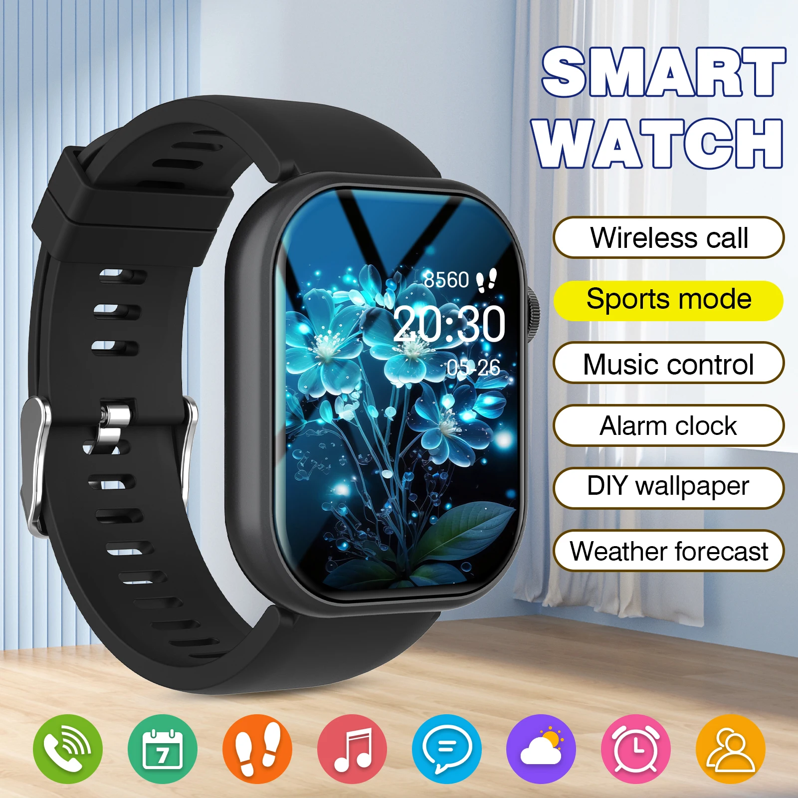 

Smart Watch with Wireless Call, Sports Mode, Music Control, Alarm Clock, DIY Wallpaper & Weather Forecast for Daily Use