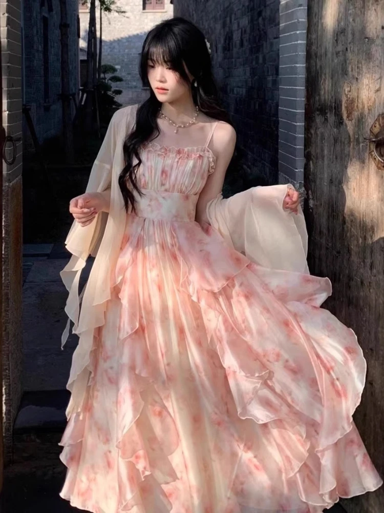 Summer New Oil Painting Blend Print Waist Cinched Ruffle Edge Camisole Skirt Temperament Dress Set