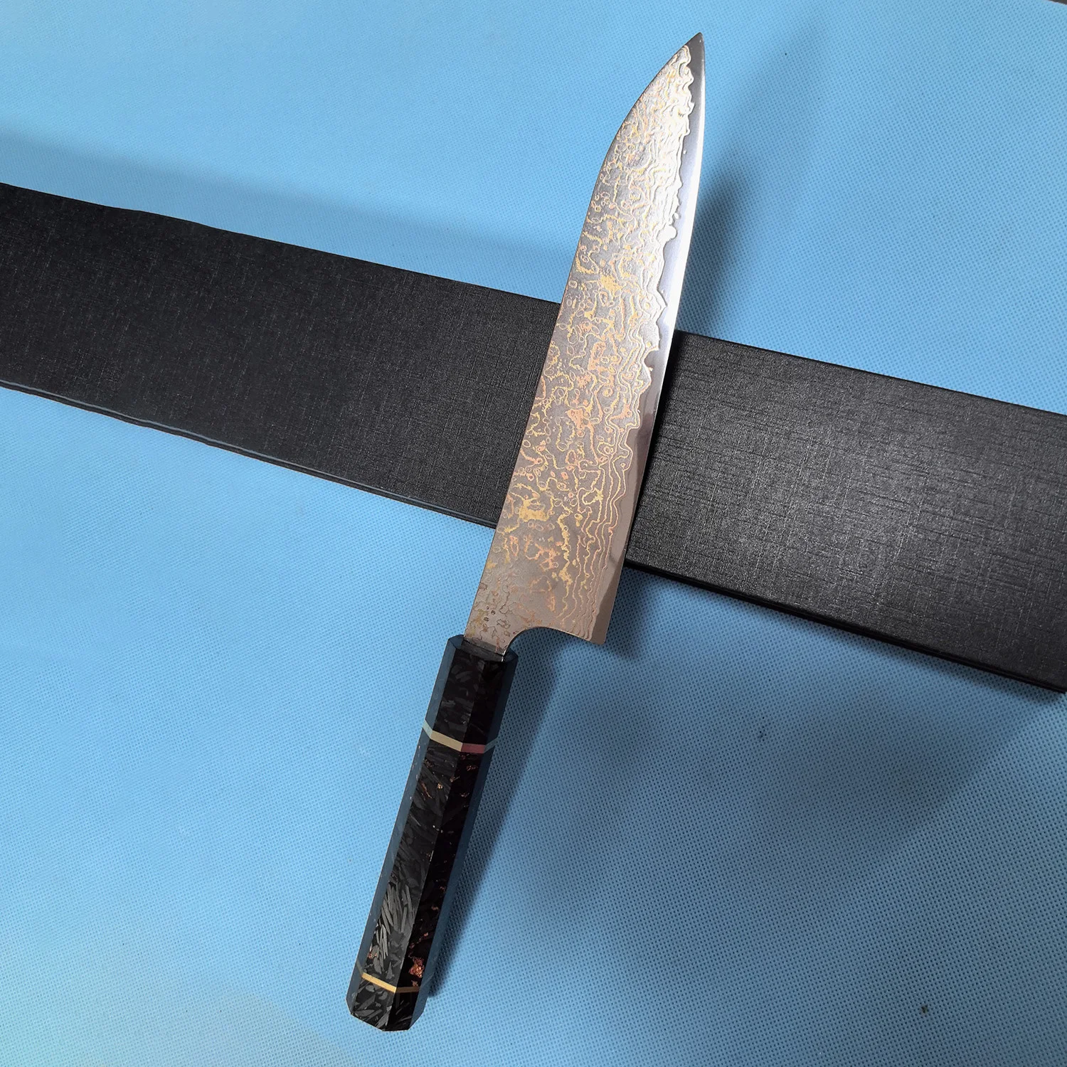 8 Cal nóż Santoku 73 warstwy trójkolorowy miedziany Damasus stalowy tasak szefa kuchni krojenie japońskich noży kuchennych uchwyt z włókna węglowego
