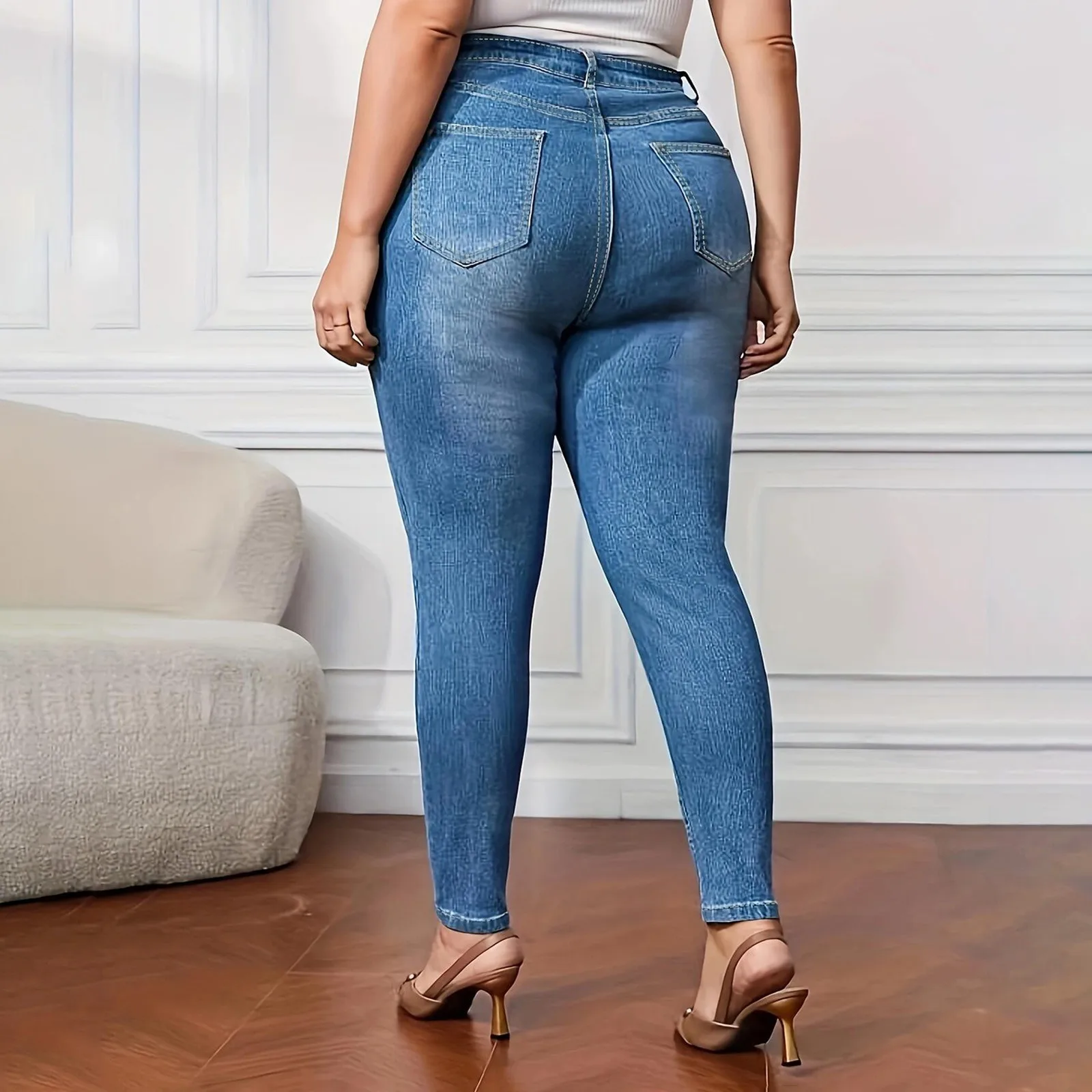 Women's Stretchy Skinny Jeans Chubby Girl High Waist Hole Ripped Push Up Jeans Slim Fit Denim Pants Ladies Jeggings