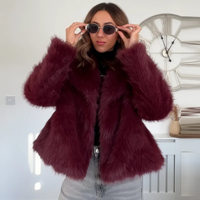 HXAO Faux Fur Coat Women's Jacket Autumn Winter 2025 Elegant Fluffy Red Grey Outerwears Female Plush Cropped Long Sleeve Jackets
