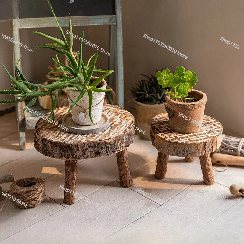 Solid wood stool retro nostalgic balcony storage flower stand support bottom succulent flower pot bracket plate outdoor base