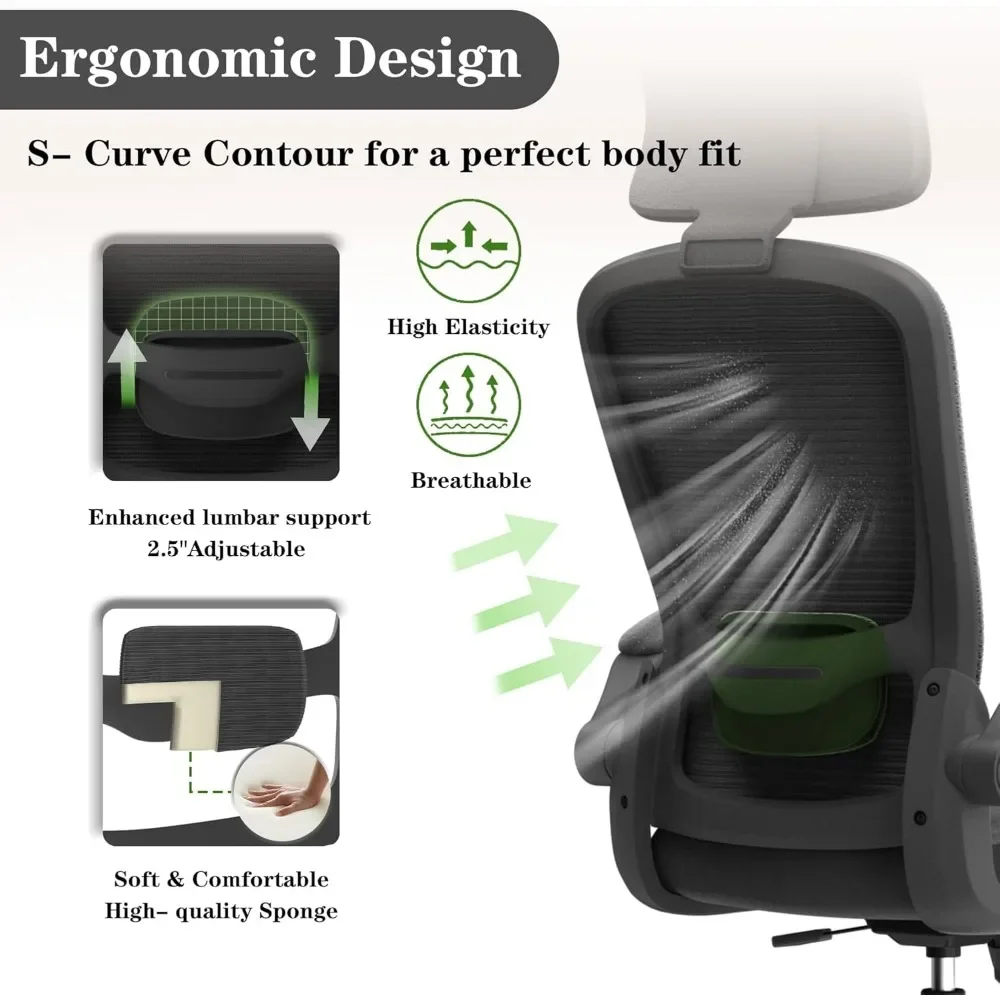 Ergonomic Desk Chair for Extended Sitting with Lumbar Support and Adjustable Headrest for Back Pain Relief - High-Density Foam f