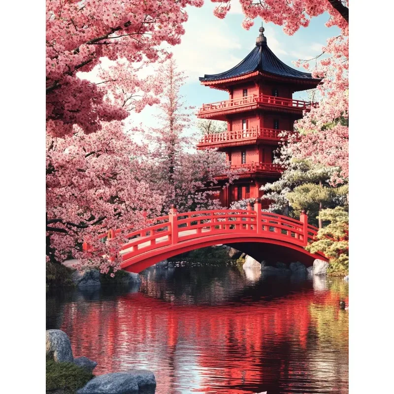 Painting By Numbers Canvas Pink cherry blossoms retro pavilions scenery Adult Coloring Picture Drawing Diy Kits