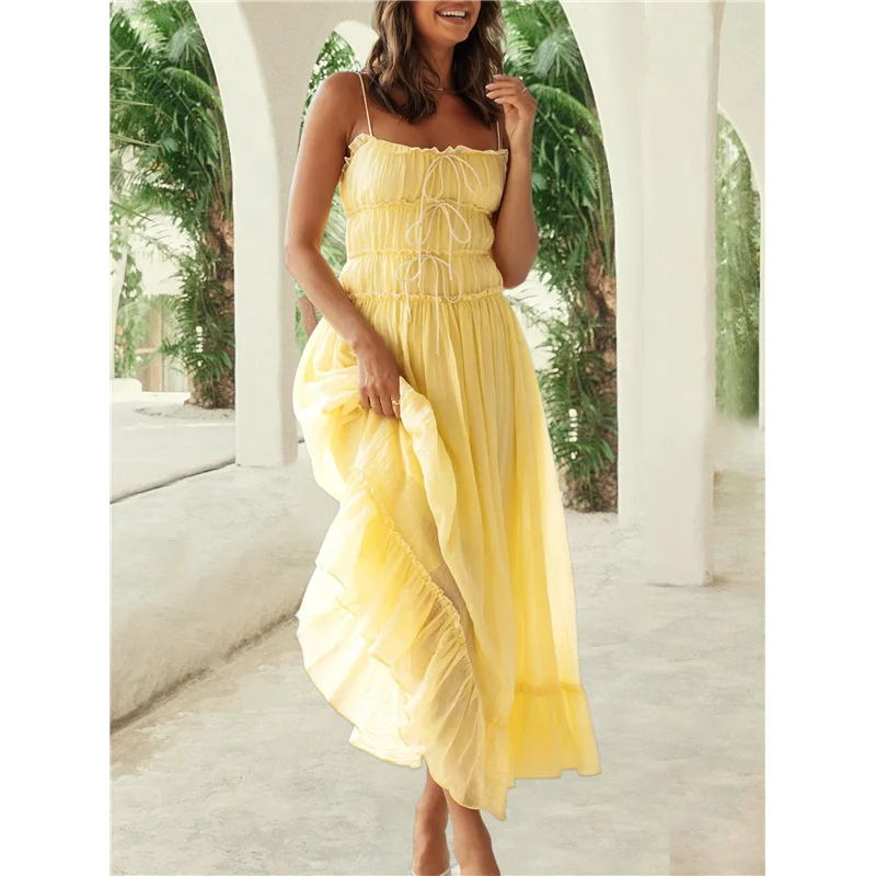 ASDS-สตรี 2025 ฤดูร้อนชุดลําลองสปาเก็ตตี้สายคล้องคอ RIC Rac Trim Smocked Ruffle Beach Long Maxi ชุด