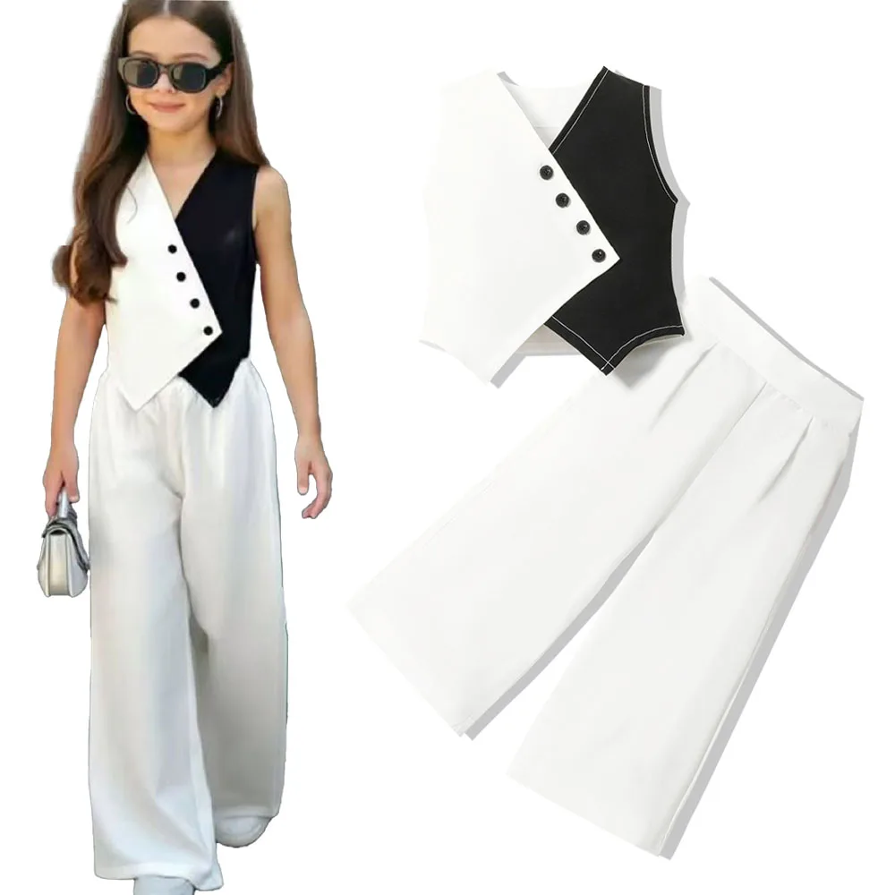 Summer Baby Girl Suits Toddler Clothes Set Black Whit Vest Wide Leg Trousers Flare Pants Kids Outfit Elegant Fashion Children