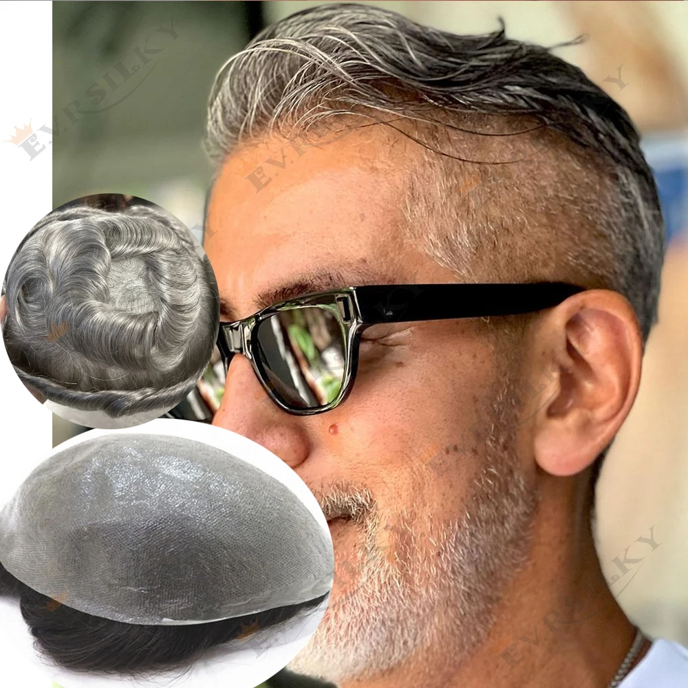 

Ультратонкий мужской парик из искусственной кожи 0,02 мм, супер натуральная линия волос 1B80 1B65, серый блондин, Vloop, микрокожа, необнаружимые протезы из человеческих волос