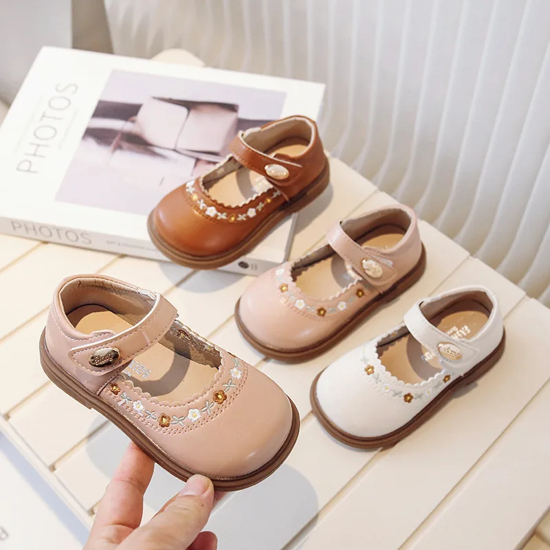 Children Leather Shoes Girls Cute Embroidery Princess Shoes Non-slip Soft Sole Low Top Flats Size 21-30