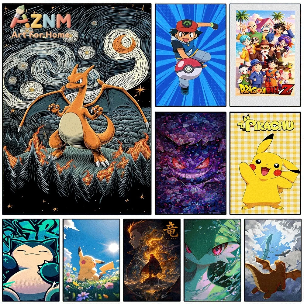 Anime Pokemon Charizard Starry Night Style Canvas Wall Art, Creative Van Gogh Inspired Pocket Monster Frameless Canvas Paintin