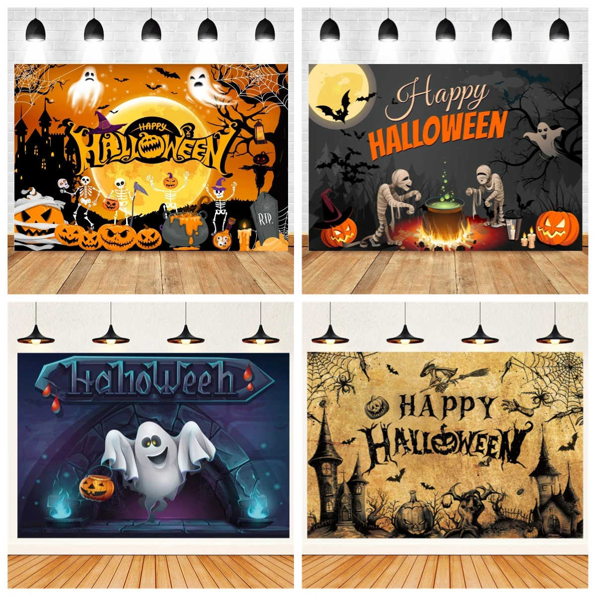 Halloween Photography Backdground SpiderWeb Pumpkin Moon Trick or Treat Kids Happy Halloween Party Decoration Backdrops Props