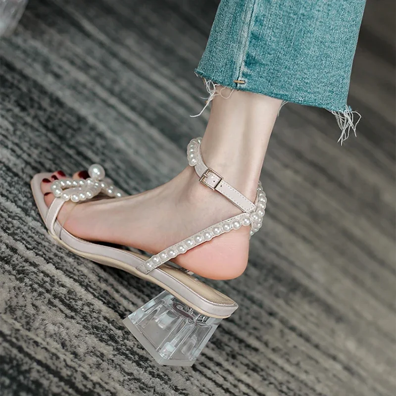 Crystal Thick Heel Sandals Women 2022New Summer Pearl Transparent Fairy Style Fashion High Heels Ladies Casual Versatile Sandals